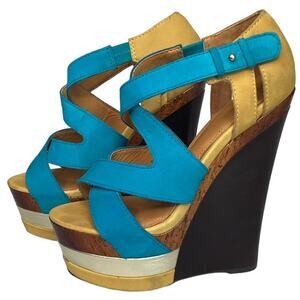Eric Rutberg Transparent Stacked Platform Wedge Heels Strappy Blue Yellow 7